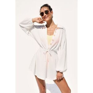 Lulus Oasis Awaits White Ribbed Button-up Mini Swim Cover-up - Size M.